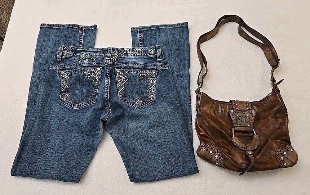 Miss Me Y2K Bundle Of 2 Relaxed Bootcut Jeans Womans Sz 29 Western Crossbody Bag